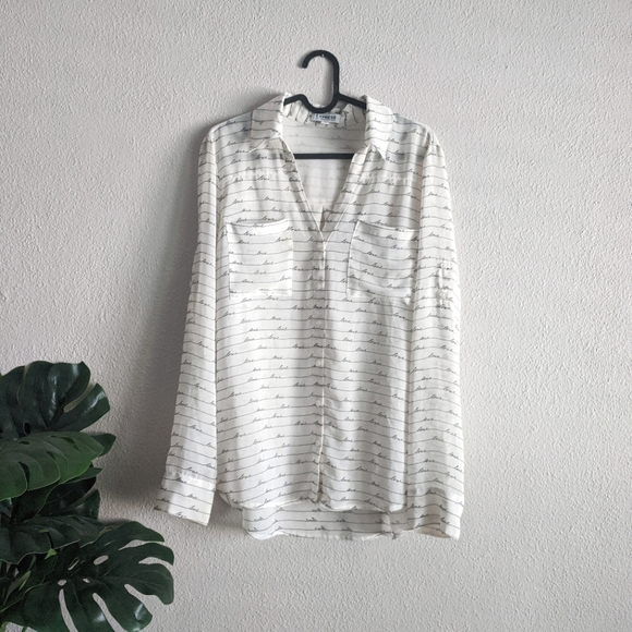 Express The Portofino Shirt "Love" Script Sheer Button Up Shirt, Size Medium - Picture 2 of 6
